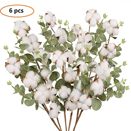 YOUZAN 6pcs 22" Cotton Stems with Eucalyptus Leaves 5 Balls Per Cotton Branches for Home Farmhouse Style Floral Decoration