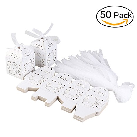 FENICAL 50pcs Hollow Out Elephant Pattern Candy Boxes Gift Bags Baby Shower Wedding Favors (White)