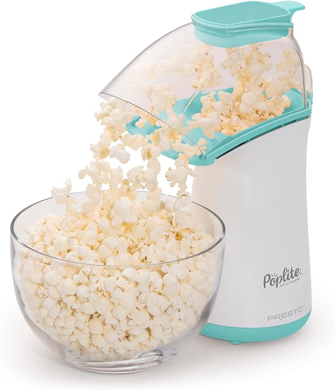 Presto 04869 PopLite Hot Air Popper - Built-In Measuring Cup   Melts Butter, Easy to Clean, Built-In Cord Wrap, 18 Cups, Aqua/White