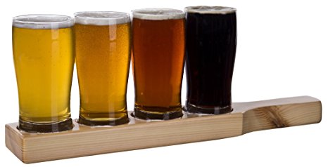 Beer Tasting Flight 9-ounce Clear Pilsner Wood Plank Glass Set, 4 glasses and 1 holster