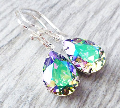 Paradise Prism Swarovski Crystal Drop Earrings, Rainbow Rhinestone Pear Earrings, Sterling Silver