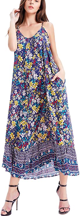 BUENOS NINOS Women's V Neck Floral Maxi Dress Boho Printed Adjustable Spaghetti Strap Ethnic Beach Long Dress with Pockets