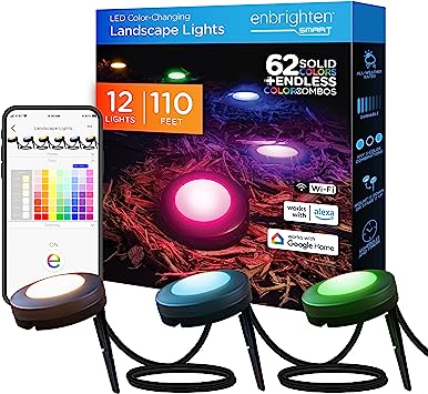 Enbrighten Premium LED Smart Garden Lights, 12 Landscape Lights, 110ft Cord with 22ft Lead Wire, Compatible with Alexa and Google Play, Color Changing, App Control, Outdoor Landscape Lighting, 58105