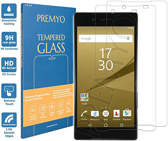PREMYO 2 Pack Screen Protector Tempered Glass Film compatible with Sony Xperia Z5 Premium Anti-Scratch Bubble Free 9H Hardness 2.5D Case Friendly