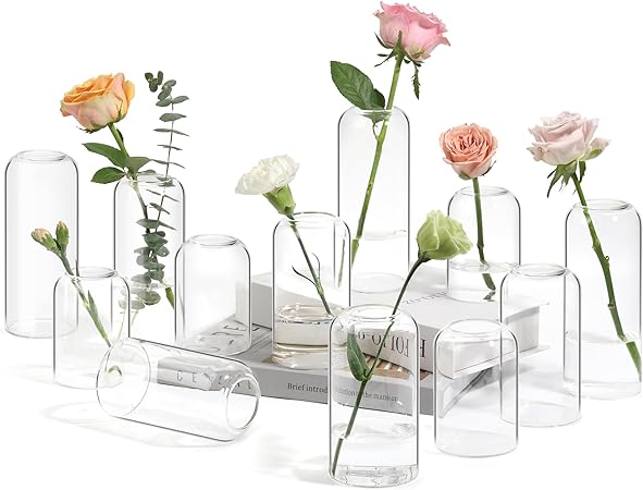 ComSaf Small Flower Vase Set of 12, Glass Bud Vases in Bulk, Clear Vases for Flower, Decor Centerpiece for Bathroom, Decorative Vases for House Warming, Valentines' Day, Mother's Day, Thanksgiving Day