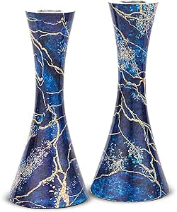 Zion Judaica Marbel Decal Candle Holder Set of 2 - Marbleized Metal Modern Candlesticks 6.75" Hourglass Shape - Fits 7/8" Thick Tapered/Shabbat Candles Bat Mitzvah Gift for Jewish Wedding (Blue Burst)