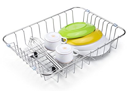 SANNO Dish Drainer Rack Over the Sink,Multi-Functional Kitchen Self Draining Drying, for Saving Space Support Cutting Boards, Glasses and other Large Objects , Stainless Steel Metal Wire