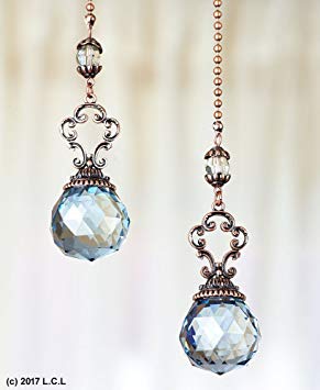 Set of 2 Vintage-Style Jeweled Ceiling Fan Chain Pulls Clear Blue Amber Elegant