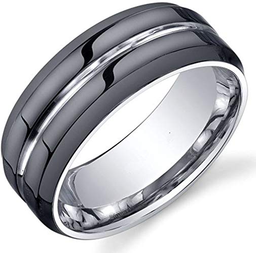 King Will Classic Mens 8mm Black Mens Tungsten Ring Wedding Band Grooved Center Polished Wedding Band