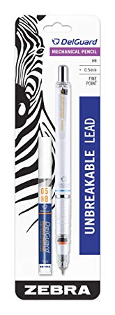 Zebra DelGuard Mechanical Pencil with Bonus Lead Refill, Fine Point, 0.5mm Point Size, Standard #2 HB Lead, White Barrel, 1-Count