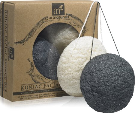 Art Naturals Konjac Facial Sponge Set - 2 Pack (Charcoal Black & Natural White)100% Natural Great for Sensitive, Oily & Acne Prone Skin -Best Beauty Facial Scrub for gentle deep cleaning & exfoliation