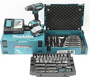 Makita DHP482JX13 - Trapano avvitatore a percussione a batteria, 18 V, 3,0 Ah, 2 batterie   caricatore in MAKPAC   120 pezzi, colore: Petrolio/nero