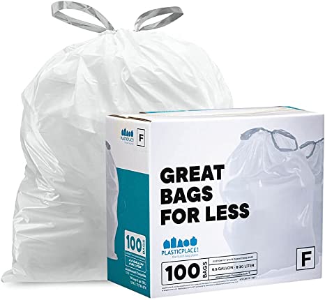 Plasticplace TRA155WH Code F Compatible (100 Count) │ White Drawstring Garbage, Liners 6.5 Gallon / 25 Liter │ 21.75" x 20"