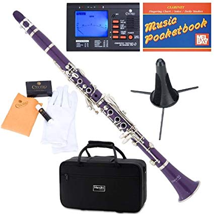 Mendini MCT-P Purple ABS B Flat Clarinet with Tuner, Case, Stand, Mouthpiece, 10 Reeds and More