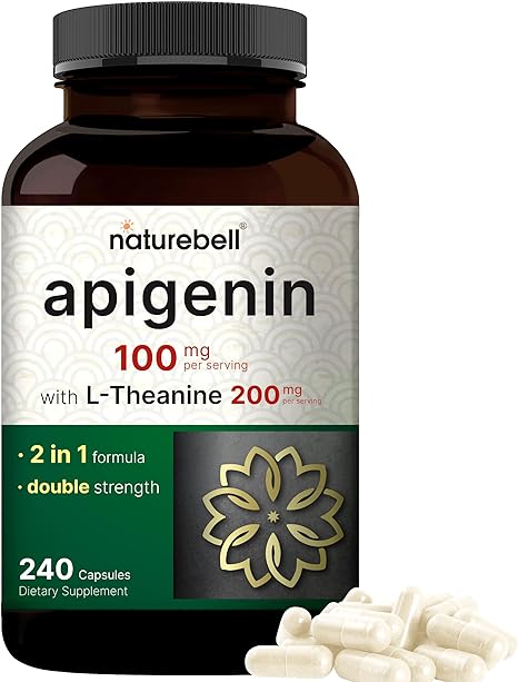 NatureBell Apigenin 100mg with L-Theanine, 240 Capsules (50mg Apigenin Per Capsule) – Extra Strength Sleep & Relaxation Supplement – Bioflavonoid, Antioxidant, & Amino Acid Complex – Non-GMO