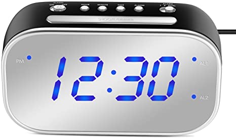 Mirror Alarm Clock, MoKo Large 1.4" LED Display Table Desk Lamp Makeup Mirror Travel Clock for Office Bedroom Bathroom, Dual Alarm with Snooze, Dimmer Control - Black