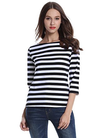 MsBasic Women's 3/4 Sleeve Boat Neck Striped Relax Fit Tee Shirts