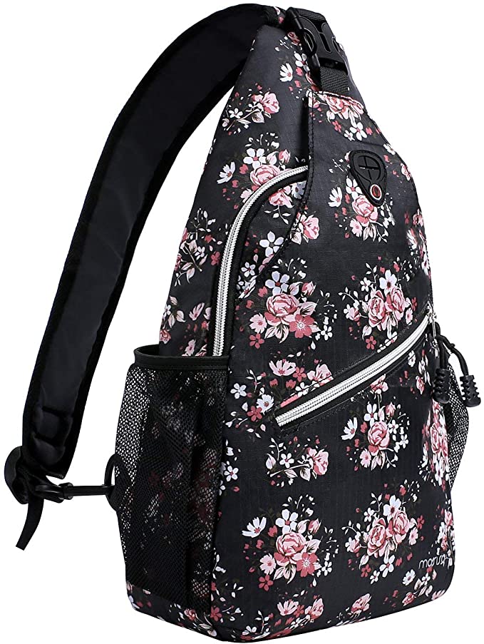 MOSISO Sling Backpack, Durable Polyester Water Repellent Chest Shoulder Unbalance Gym Fanny Lightweight Crossbody Sack Satchel Outdoor Hiking Bag for Men Women Girls Boys Travel Daypack, Black Base Floral