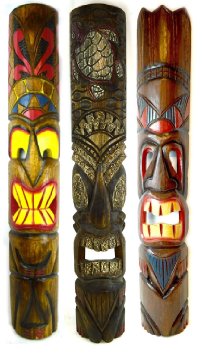 39 IN HAND CARVED BEAUTIFUL SET OF 3 POLYNESIAN TIKI GOD MASKS PINEAPPLE HIBISCUS TURTLE!