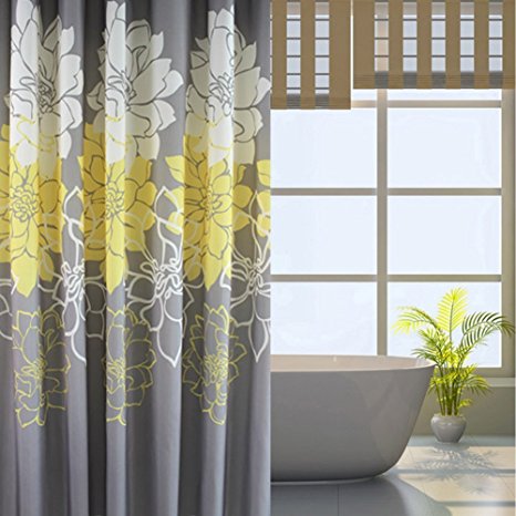 HOMEIDEAS Shower Curtain,with Hooks,Polyester Fabric,72x72 inch,Yellow,Gray,White,Floral