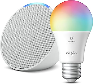 Echo Pop | Glacier White with Sengled Smart Color Bulb | Alexa smart home starter kit