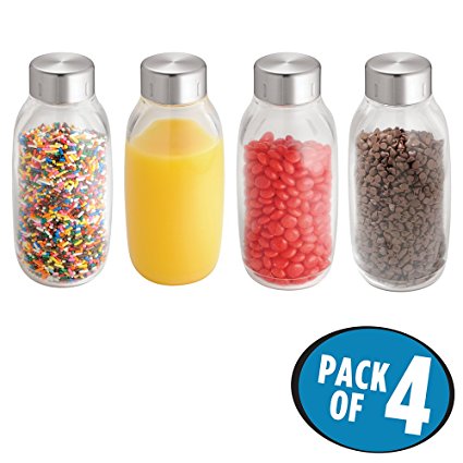 mDesign Food Storage Bottles for Kitchen Pantry, Cabinet to Hold Candy, Milk, Nuts, Juices, Creamer - Set of 4, 18-oz., Stainless Steel Lid