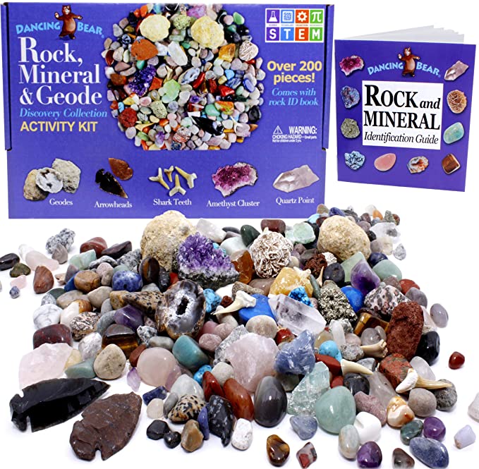Rock & Mineral Collection Activity Kit (Over 150 Pcs), Educational Identification Sheet Plus 2 Easy Break Geodes, Fossilized Shark Teeth and Arrowheads, Dancing Bear Brand