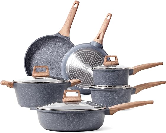 CAROTE 10 Pcs Pots and Pans Set,Nonstick Granite Cookware Sets, Stone Non Stick Frying Pan Set, Cooking Set (Granite, Induction Cookware)