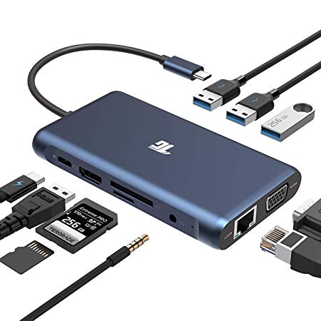 USB C Hub, USB C Adapter, Tiergrade 10 in 1 Thunderbolt 3 Type C Adapter, 100W PD 3.0 with 4K HDMI,RJ45 Ethernet,USB 3.0 Ports,TF/SD Card Reader,VGA,Audio Mic Port for MacBook and Other Type-C Laptops