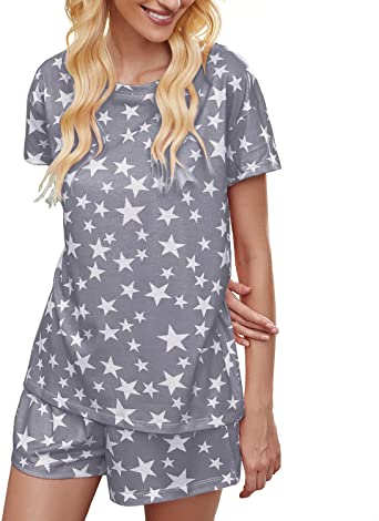 Womens Printed Short Sleeve Tops and Shorts 2 Piece Pajamas Sets