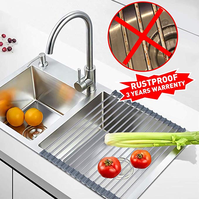 Over the Sink Dish Rack, Roll-up Dish Drying Rack, Multipurpose and Foldable Dish Drying Drainer for Kitchen, Stainless Steel
