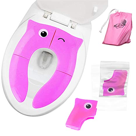 Haute Spirit Toilet Seat for Kids- Pink Owl Kids Toilet seat for potty training, fold or unfold, portable, and reusable potty seat for any toilet. Pink travel bag included!