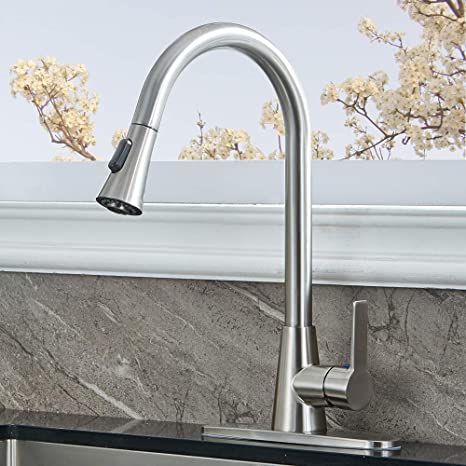 Commercial High Arc Single Handle Pull Down Sprayer Brushed Nickel Kitchen Faucet, Single Level Pull Out Kitchen Sink Faucet with Deck Plate