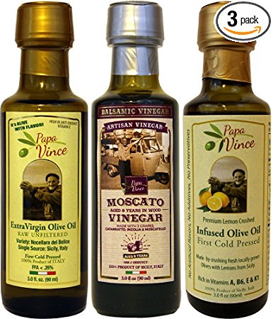 Infused Olive Oil Dipping Gift - Lemon Olive Oil | Moscato Balsamic Vinegar aged 8-years in wood | Extra Virgin Olive Oil Harvest Dec 2016 from our family in Sicily, Italy | 3 fl oz each - Papa Vince
