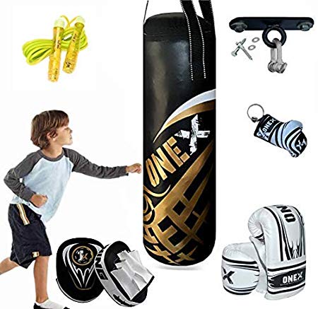 Onex Kids *Punching bag* Gloves Skipping Rope Boxing Bag Rucksack Mount Hook Set 2 ft Black Set, Perfect for Junior/Children Workout