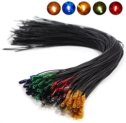 Evemodel MP18125M 100pcs 3mm 12V Grain of Wheat Bulbs Wired Mixed Color Red Yellow Blue Green White New