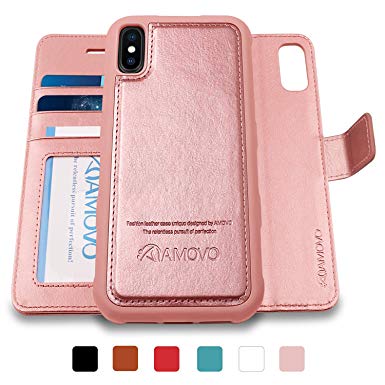 AMOVO Case for iPhone Xs Max [2 in 1] iPhone Xs Max Wallet Case Detachable [Vegan Leather] [Hand Strap] [Magnetic Closure] iPhone Xs Max Folio Flip Case (6.5’’) with Gift Box Package (Rosegold)