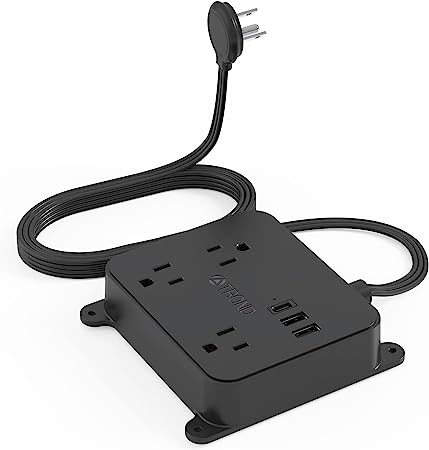 Flat Plug Power Strip - TROND 10FT Long Extension Cord with 3 AC Outlets, 2 USB-A Ports, 1 USB-C Port, Long Cord Desk Charging Station, Wall Mount for Home, Office Accessories, Dorm Room Essentials