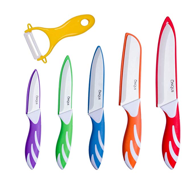 Ceramic Knife Set - 6 Piece kitchen Set of Knives Ceramic Set with Sheaths Covers & Ceramic Peeler – Anti-Bacterial Blade Knives - Includes Paring, Fruit, Utility, Chef & Bread Knife – By CINQUS