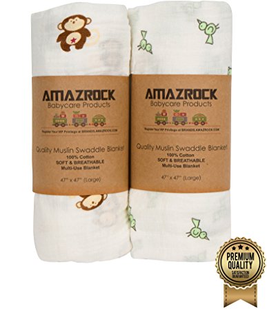 Amazrock Baby Muslin Swaddle Blanket - Soft 100% Cotton | 2 Large Baby Swaddle for Quality Baby Comfort & Sleep | Muslin Swaddling Blankets (Playful Chocolate-Green (100% Cotton))