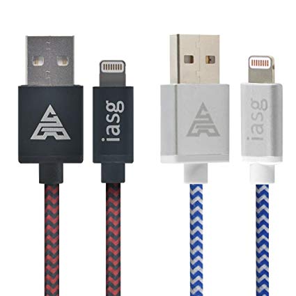 Iasg 2xPack Apple MFi Certified Nylon Braided Lightning Cable with Reversible USB Metal Connectors for iPhone iPad iPod - 3.3 Feet(1 Meters)- White and Blue/Red and Black