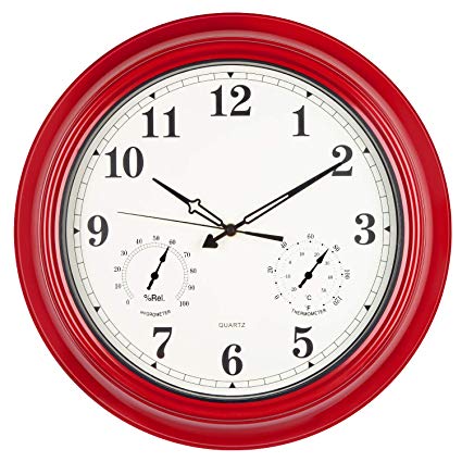 Large Waterproof Outdoor Clock, 18 inch Wall Clock with Thermometer and Hygrometer Combo, Weather Resistant, Silent Non-ticking Quartz Movement, Modern Decoration for Home & Patio (Metal, Empire Red)