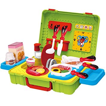 FUDAER Childrens Carrycase Pretend Role Play Cooking Food Set House Kitchen Utensils for Toddler Kids