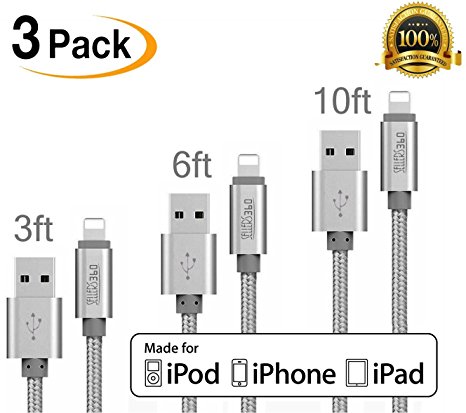 [3Pack]Iphone Cable 3ft 6ft 10ft Durable USB Cable Tangle Free Nylon Braided lightning Sync and Charging Cord for iPhone 6/6s/6 plus/6s plus, 5c/5s/5, iPad Air/Mini,iPod Nano/Touch(Silver)..