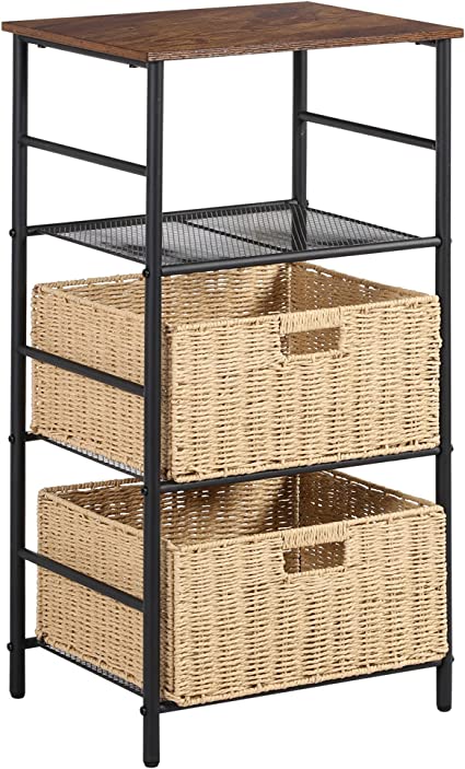 VECELO Tall Side/End Table with 2 Wicker Basket Storage Shelf Telephone Stand for Living Room, Bathroom, Bedroom, Office, Entryway, Easy Assembly, 3-Layers, Brown