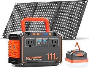 MARBERO Portable Power Station 150W Peak with 30W Solar Panel and 248LM Camping Lantern