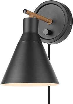 Globe Electric 51725 Tristan 1-Light Dimmable Plug-in or Hardwire Wall Sconce, Matte, Faux Walnut Accent, Stepless Dimming Rotary Switch on Canopy, Black Fabric Cord