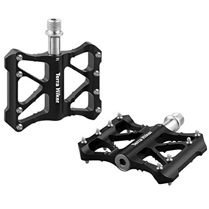 Terra Hiker Bike Pedals, 9/16 Inches Bicycle Pedal, Aluminum Alloy Mountain Road Bike Hybrid Pedals with 3 Ultral Sealed Bearings, Cr-Mo CNC Machined (Set of 2, Black)