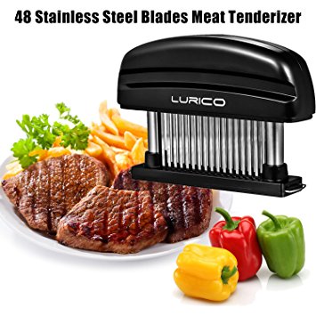 Meat Tenderizer, LURICO Chefs Handheld Tool 48 Ultra Sharp Stainless Steel Blades Barbeque Marinating for Tenderizing Steak, Beef, Pork, Fish, Chicken (Black)