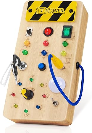 semai Montessori Toddler Busy Board, Sensory Toys, Wooden Travel Toy with 8 LED Light switches, Montessori Toys(Silver)